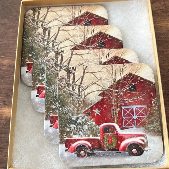 Christmas Farmhouse Barn and Red Pickup Truck Cork Coasters and Towel (new) - Picture 7 of 11